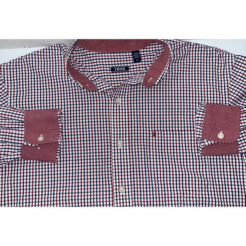 BUTTON‎ UP SHIRT IZOD Mens L Large Gray Plaid Long Sleeve Casual Easy Care